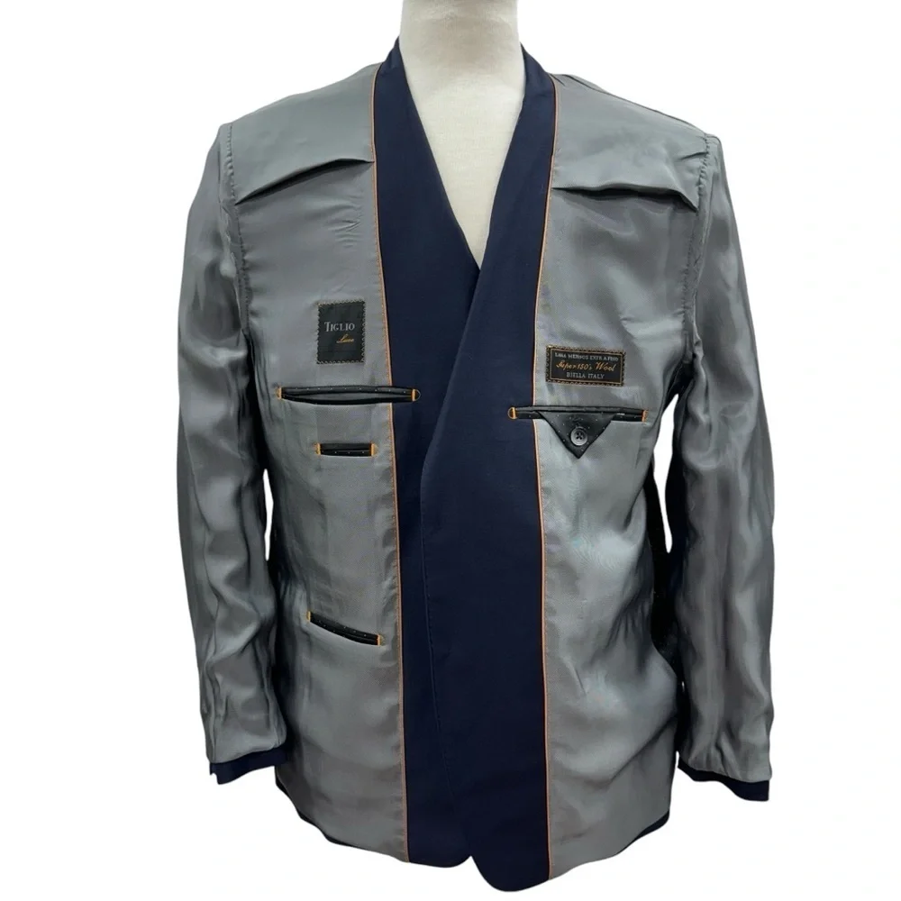Tiglio Luxe Blazer Sangria Jacket Men’s 44S Navy Blue Italy Merino Wool